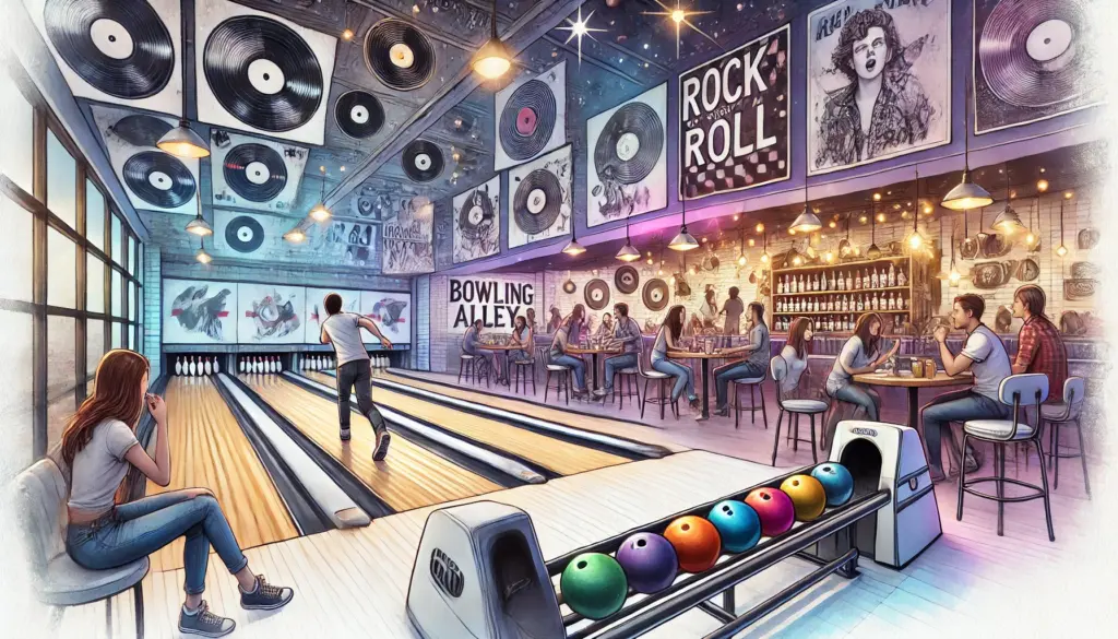 Bowlingbahn im Rock ’n‘ Roll-Stil in Elmshorn, lebendige Atmosphäre für Freizeitspaß.