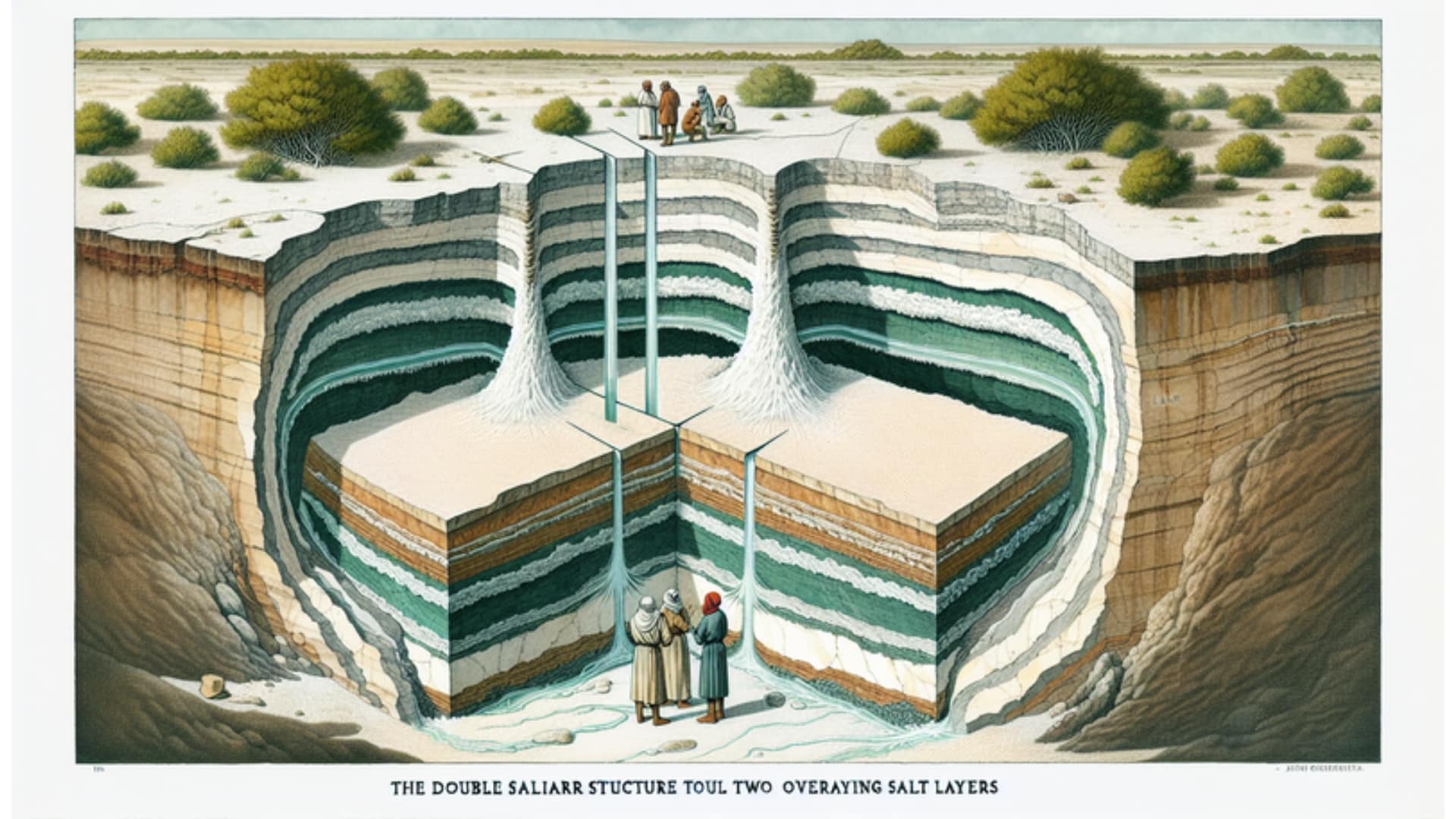 Darstellung der Doppelsalinar-Struktur in der Liether Kalkgrube mit Geologen, die die seltenen Salzschichten studieren