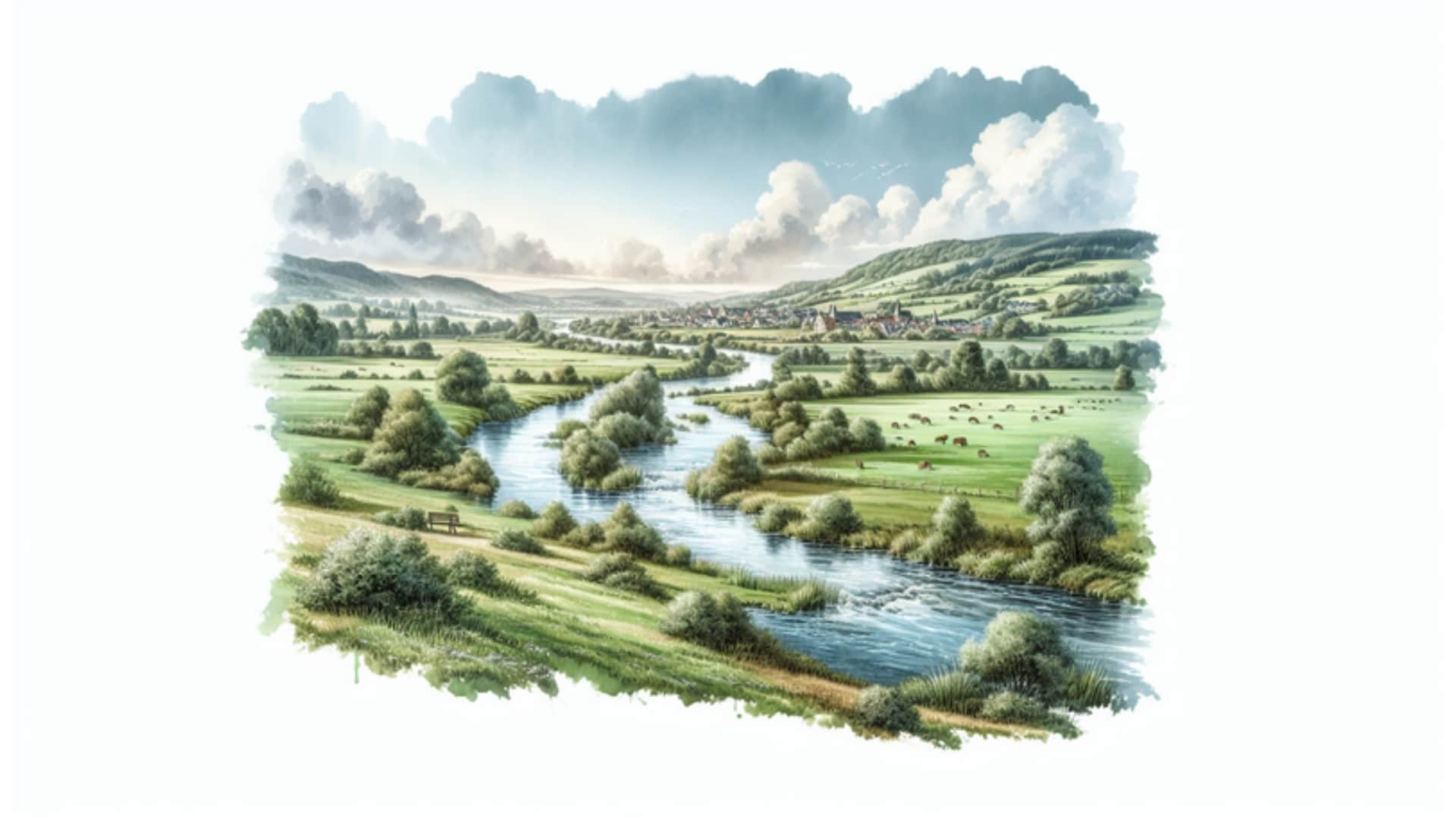 Malerische Landschaft von Elmshorn mit dem Fluss Krückau, grünen Wiesen und sanften Hügeln im Aquarell-Stil, die die geographische Vielfalt der Stadt zeigt.