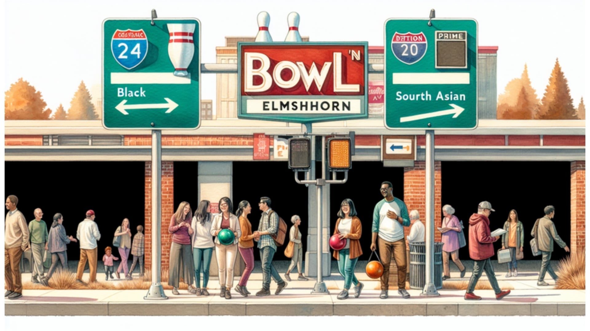 Außenansicht von Rock 'n' Bowl Elmshorn, belebt mit Menschen und zentral gelegen, umgeben von Hinweisschildern zur Autobahn A23 und dem Hauptbahnhof Elmshorn.