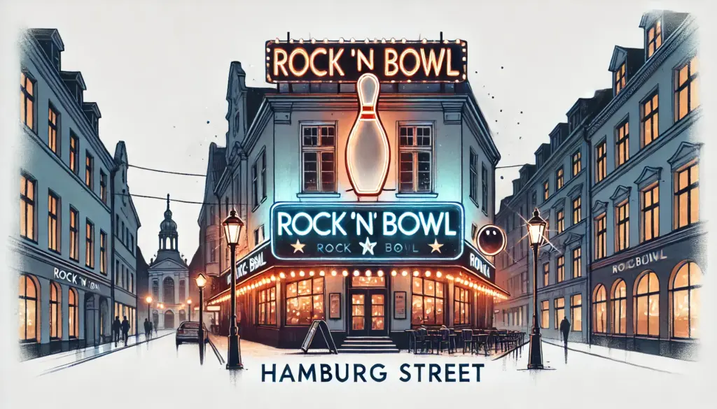 Rock ’n‘ Bowl in Elmshorn bei Nacht, leuchtendes Neon-Schild und einladende Atmosphäre.